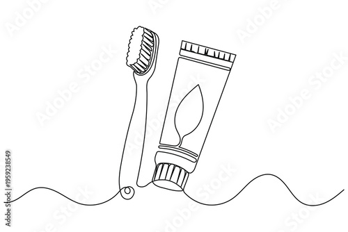 Toothbrush and toothpaste tube continuous one line art drawing on white background