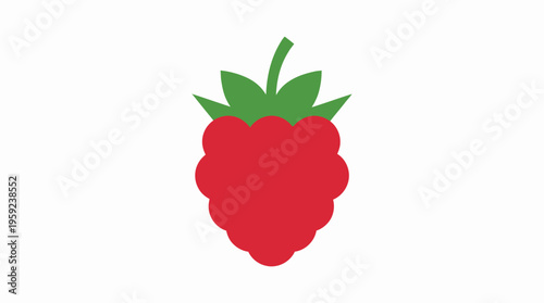 Simple flat design illustration of a single red raspberry with green leaves and stem on a white background, depicting a fresh fruit.