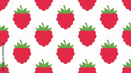 Seamless pattern of cartoon raspberries with green leaves on a white background, repeating fruit design for textiles or digital use.