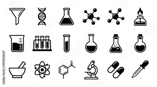Science Laboratory Equipment Vector Icons Set – Microscope, DNA, Molecules, Beaker, Test Tubes, Funnel, Mortar, Scale, Dropper, Capsules, Chemical Structures, Research Symbols for Education 