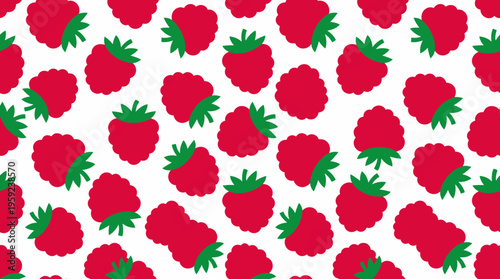 Seamless pattern of vibrant red raspberries with green leaves on a clean white background, perfect for textile or digital design projects.