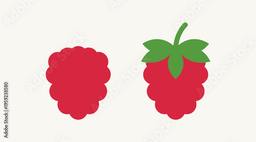 Two simple, flat illustration icons of raspberries, one with a green stem and leaves, on a light background.