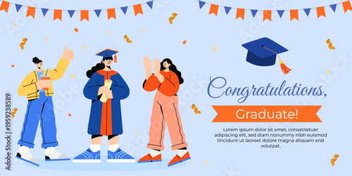 Graduate in cap and gown holding diploma surrounded by friends. Happy women celebrating academic achievement with confetti and banner. University education ceremony concept illustration.