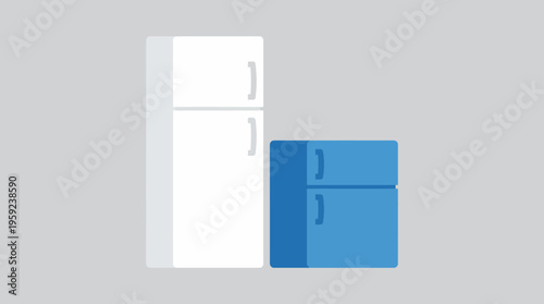 Illustration of a tall white refrigerator next to a shorter blue mini-fridge or freezer unit on a plain gray background.