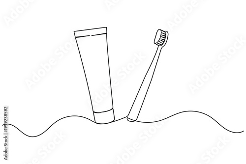 Toothbrush and toothpaste tube continuous one line art drawing on white background