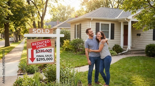 Happy couple embracing and laughing in front of their newly sold house. A real estate sign indicates a reduced price and final sale.