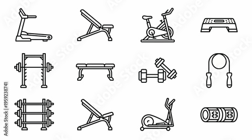 Gym Fitness Equipment Vector Icons Set – Treadmill, Exercise Bike, Dumbbells, Squat Rack, Bench, Barbell, Jump Rope, Foam Roller, Elliptical, Aerobic Platform, Training Symbols for Workout Design