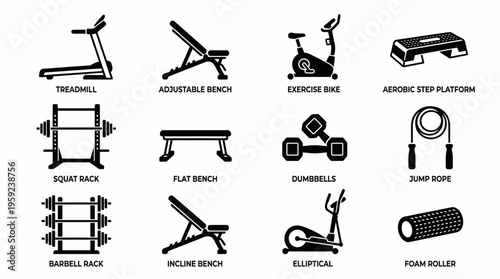 Gym Fitness Equipment Vector Icons Set – Treadmill, Exercise Bike, Dumbbells, Squat Rack, Bench, Barbell, Jump Rope, Foam Roller, Elliptical, Aerobic Platform, Training Symbols for Workout Design