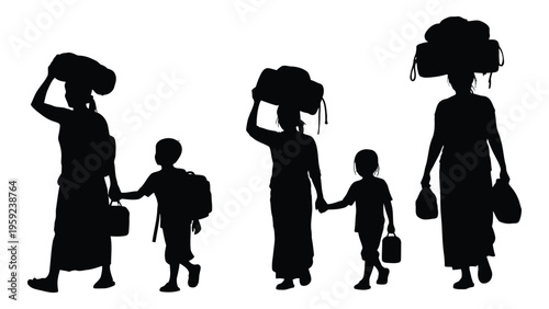 Silhouettes of african family walking together with luggage