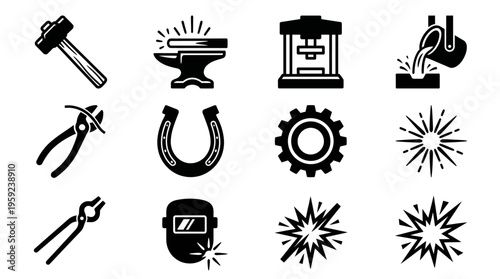 Metalworking Welding Tools Equipment Vector Icons Set – Anvil, Torch, Mask, Gear, Horseshoe, Crucible, Sparks, Pliers, Tongs, Fabrication Symbols for Industrial Design