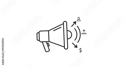 Megaphone with Hiring and Money Icons, Recruitment and Marketing Concept