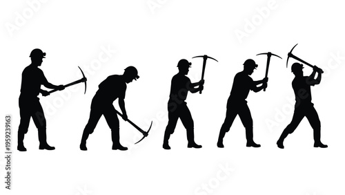 Silhouette of a person digging with a pickaxe in various positions