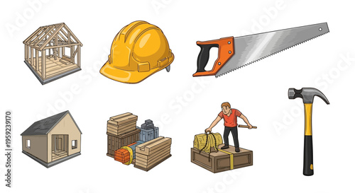 Construction Site Tools and Equipment with Worker and Building Materials