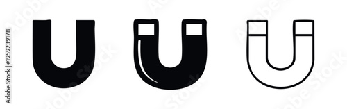 Horseshoe magnet icon set. Magnetic force symbols. Physics science signs with different styles.