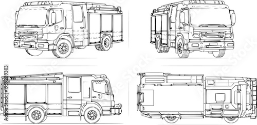 Collection of Detailed Line Drawings Showcasing Fire Engine Trucks from Various Angles