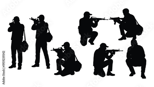 Silhouettes of soldiers in various combat positions