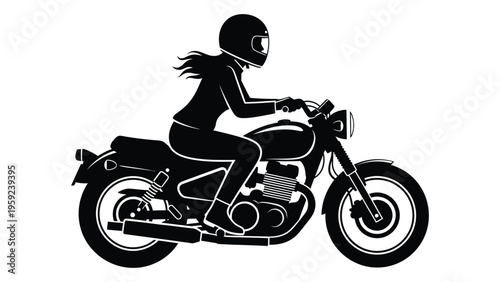 Woman riding motorcycle in black and white silhouette