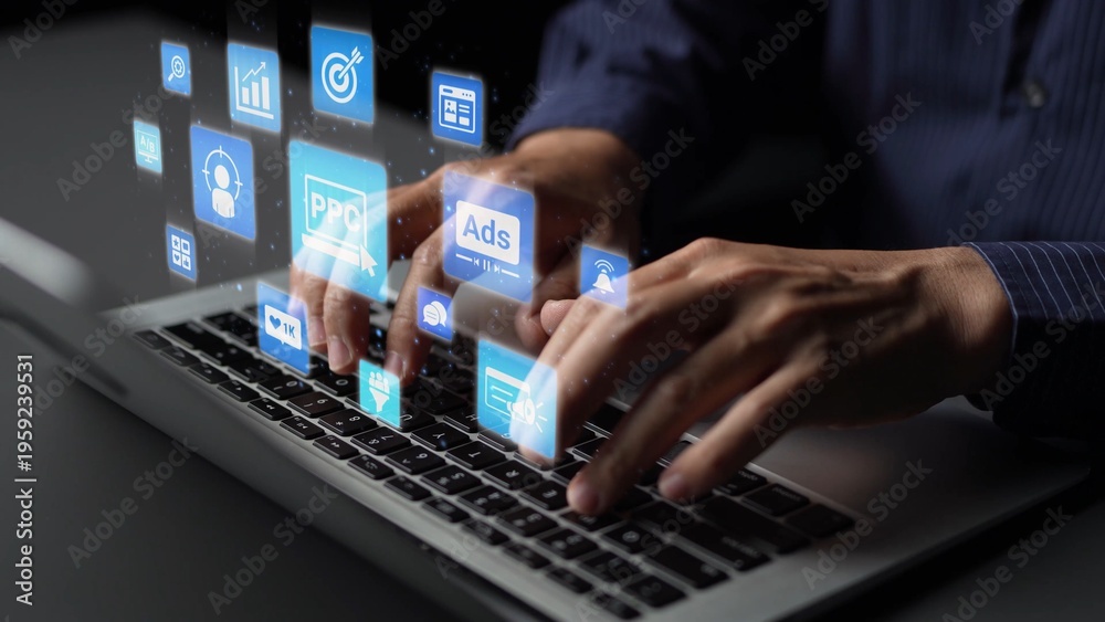 Obraz premium Concept of marketing online strategy using digital marketing, PPC campaigns, social media ads, and SEO analytics. Marketing online improves visibility, digital marketing drives engagement. Funnel