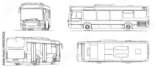 Detailed line art illustration presenting a modern urban transit bus from multiple perspectives front, side, rear, and top, excellent for transport design and technical schematics