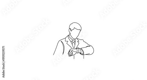 Man in Suit Checking Wristwatch, Minimalist Line Art, Business Time Management Concept