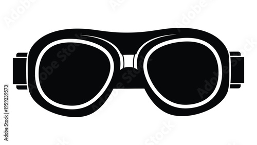 A pair of black goggles with white trim on a white background
