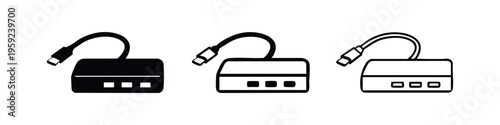 USB hub and adapter icon set. Multiple port connector symbol for computer peripherals and data transfer.