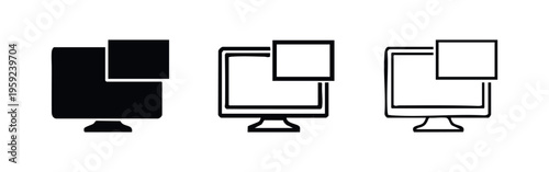 Desktop monitor with overlay window icon set in solid, outline, and hand-drawn styles.