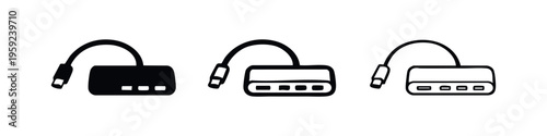 USB multiport adapter icon set. Data hub connector symbol for expanding computer connectivity and peripherals.