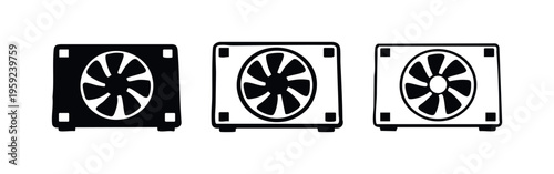 Computer cooling fan or PSU device icon set for electronic components and hardware.