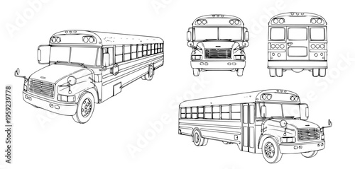 Set of schematic drawings of a school bus presented from different angles, showcasing its structure and design