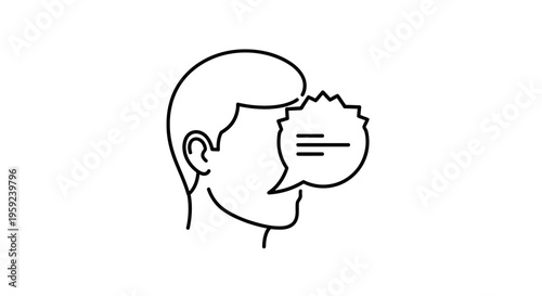 Man with torn speech bubble, concept of communication breakdown, mental health, or lost words