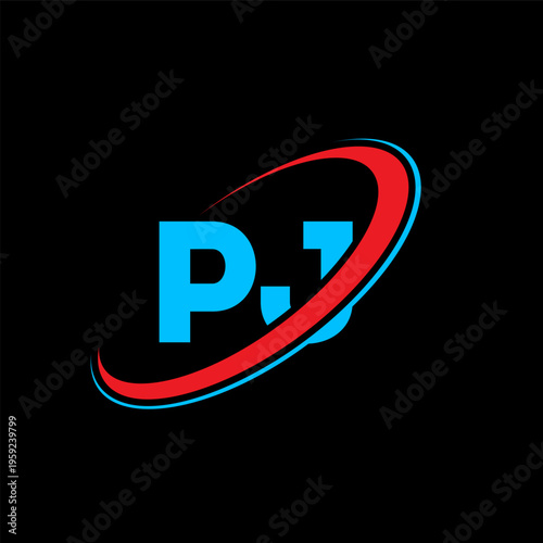 PJ P J letter logo design. Initial letter PJ linked circle uppercase monogram logo red and blue. PJ logo, P J design. pj, p j