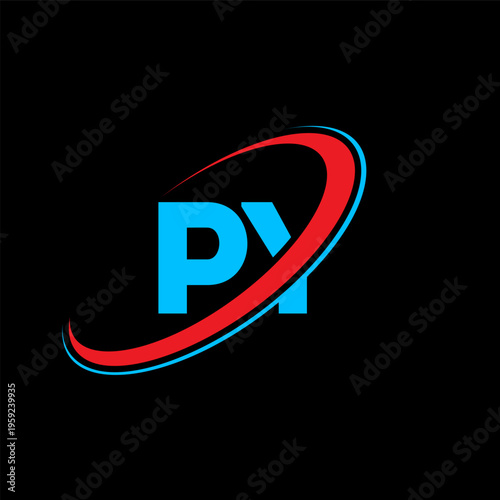 PY letter logo featuring a stylish red and blue swoosh arc. Contemporary vector graphic designed for creative agencies, youth brands, and innovative tech companies looking for a unique identity.