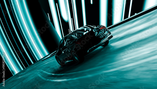 Futuristic black racing car speeding on digital track