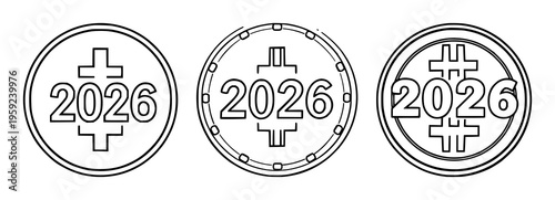 Token set with flat vector icon of 2026 digital token coin featuring bold black outlines, cryptocurrency, fintech style with isolated illustration and graphic