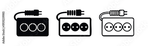 Electrical Power Strip with Triple Outlets and Plug Icon Set. Extension Cord Socket Vector Illustration.