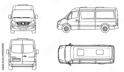 Detailed technical illustration of a commercial van blueprint, showing front, side, rear, and top views for automotive design and engineering specifications