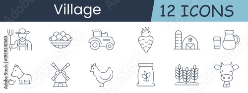 Village set icon. Farmer, harvest, tractor, carrot, silo, milk, horse, windmill, chicken, jar, wheat, cow, agriculture, rural, farm, countryside