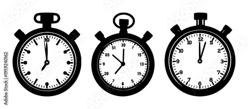 Stopwatch set with bold silhouette illustration featuring timer, chronometer, measurement with monochrome and iconography