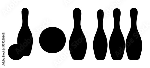 Bowling pin and ball set with silhouette illustration featuring bowling, sports, recreation with equipment and athletes game