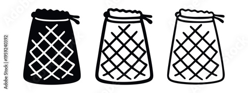 Drawstring mesh bag icons set, perfect for eco-friendly shopping, produce, or reusable storage concepts.