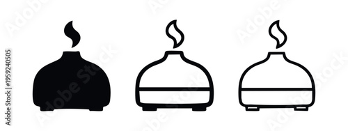Modern essential oil diffuser humidifier icon collection, aromatherapy device vector symbols in black and white.