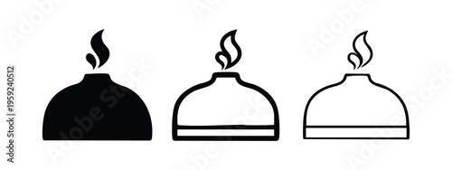 Essential oil diffuser or aroma lamp icon set, modern aromatherapy device symbols with flame in black and white.
