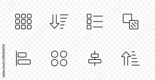 Interface layout set icon. Grid view, download list, checklist menu, layered windows, alignment tool, filter control, reorder option, upload direction