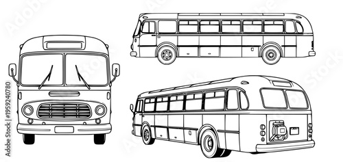 Detailed line art illustration of a vintage passenger bus from multiple perspectives, showcasing its classic design and retro charm, perfect for transport history or design projects