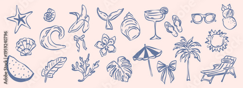 Doodle coastal vacation elements. Blue tropical icons collection