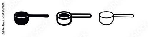 Coffee scoop icon set. Measuring spoon for ground coffee or beans in different styles.