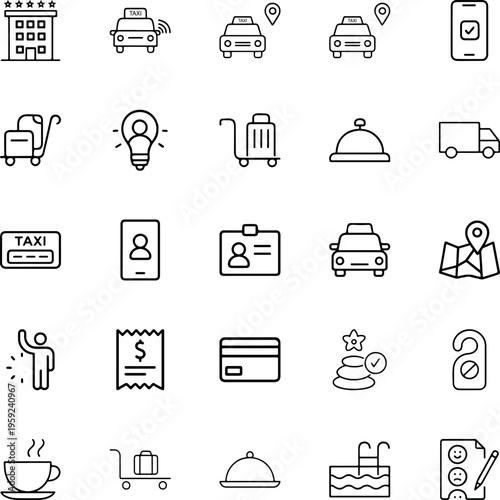 Hotel travel hospitality line vector icon set taxi luggage map creditcard