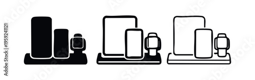Electronic devices charging station icon set with smartphone, tablet, and smartwatch symbols.