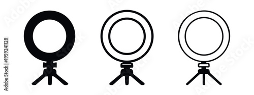Ring light on tripod stand icon set for photography and videography.